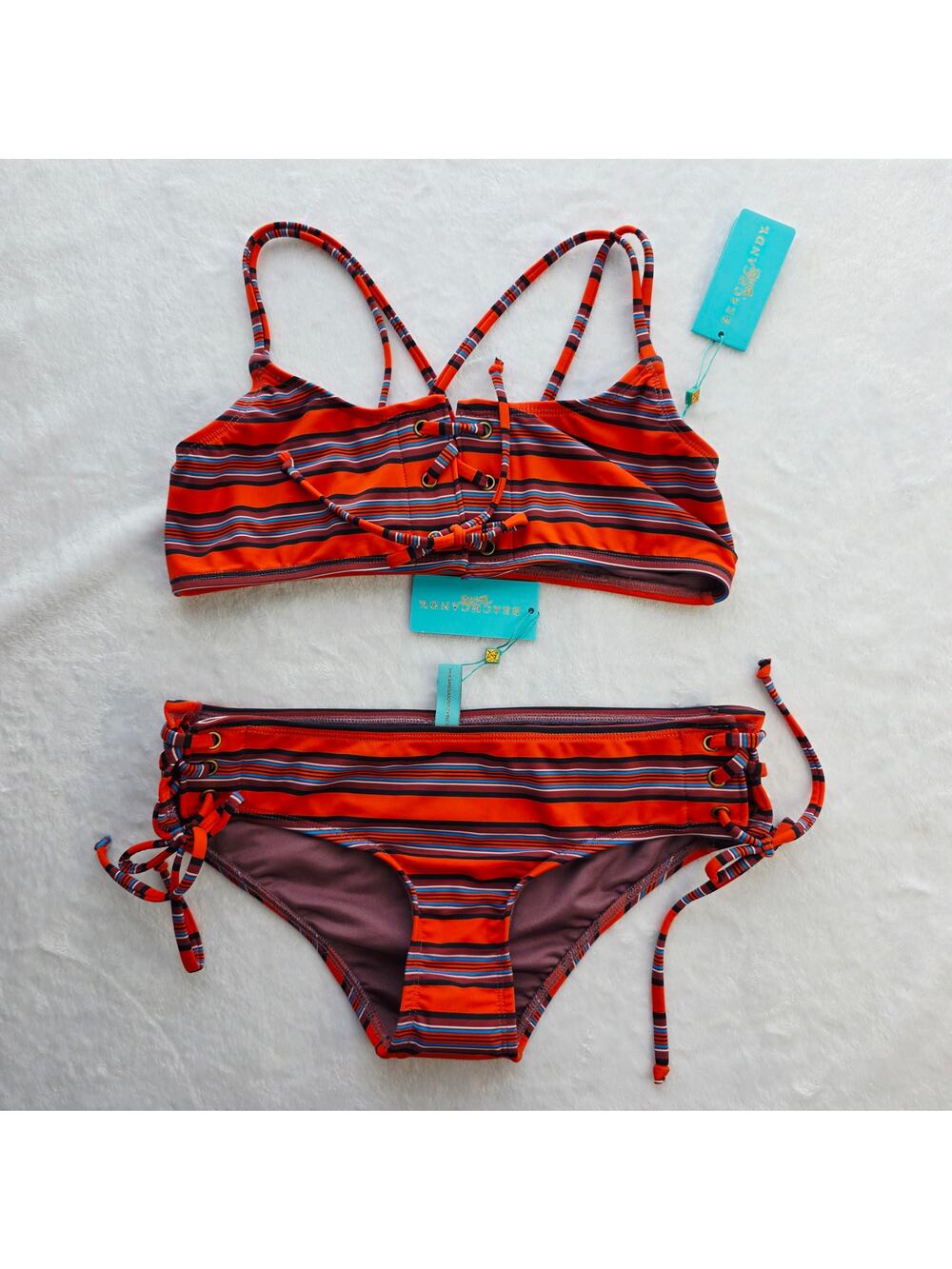 New BeachCandy Designer Bikini Set Striped Orange Lace-Up Tie Side Luxury Resort